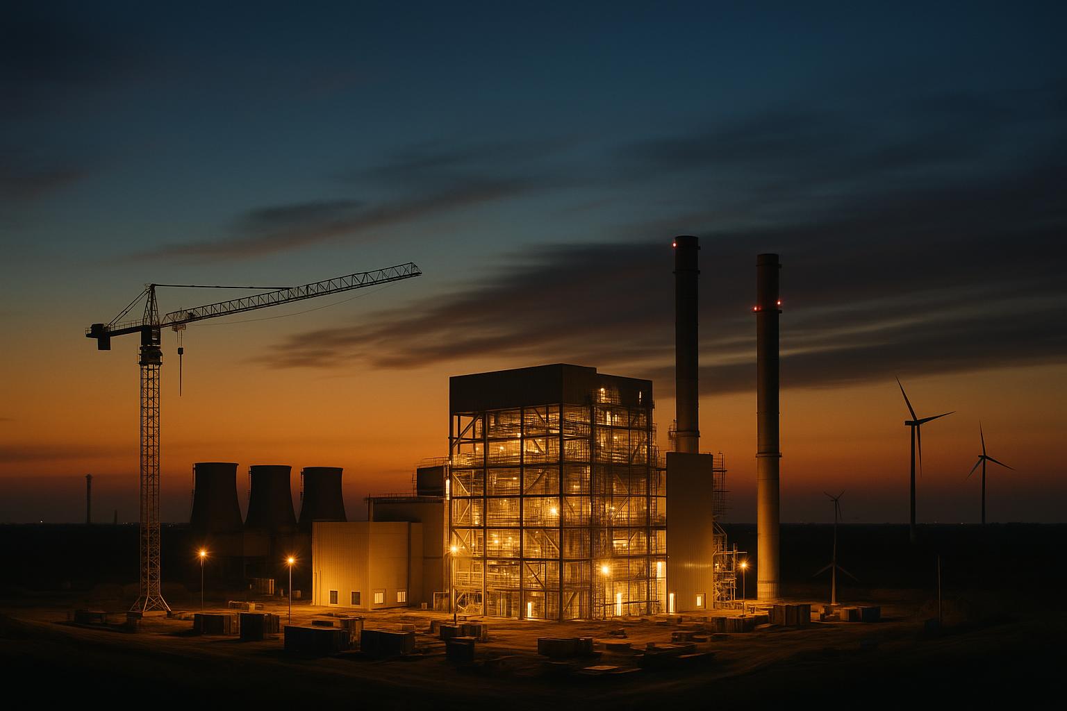 Renewable energy project site under construction at dusk