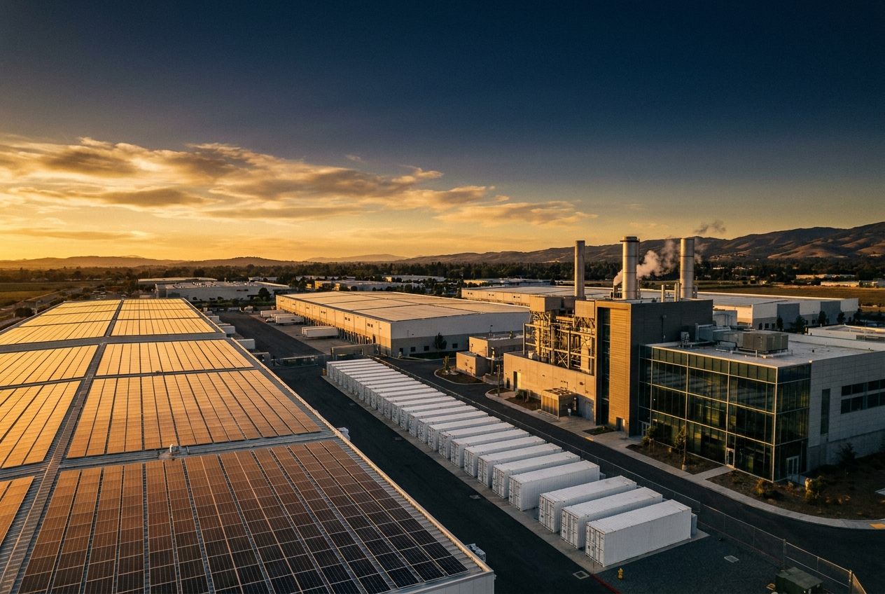 Industrial campus combining rooftop solar, battery storage, and a CHP building at golden hour