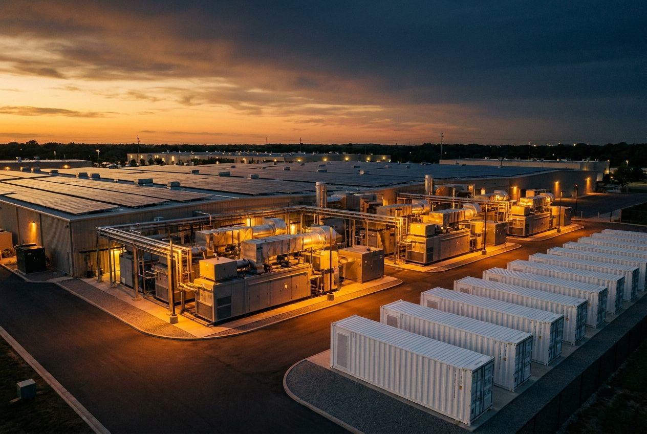On-site energy plant with CHP units, rooftop solar, and battery storage at dusk